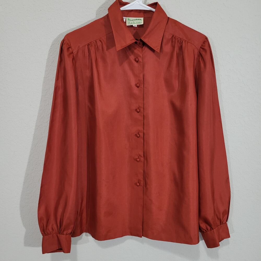 Vintage Blouse Lady Manhattan  Bow Neckline Womens Large Rust Silkhana 80s 90s - Picture 2 of 13